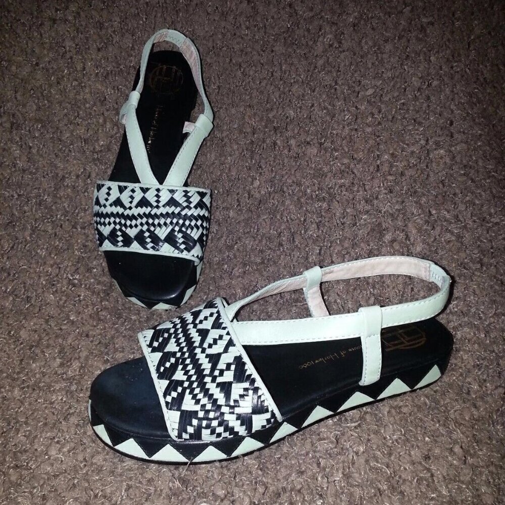 HOUSE OF HARLOW 1960-Braided Pattern Leather Wedge-Pale Green/Black-Sz 36-EUC
